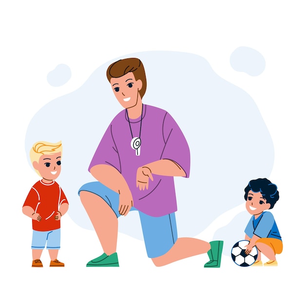 Soccer Coach Training Children On Stadium Vector