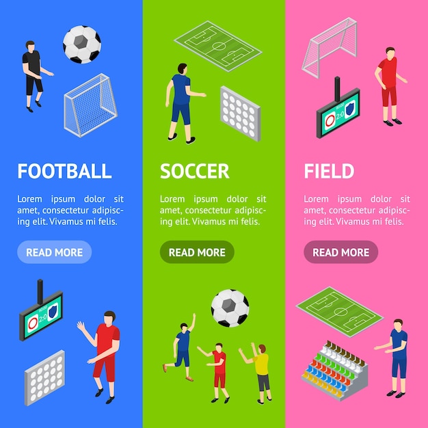 Concorrenza di calcio banner vecrtical set isometric view sport game concept simbolo di calcio elemento mappa per web design illustrazione vettoriale