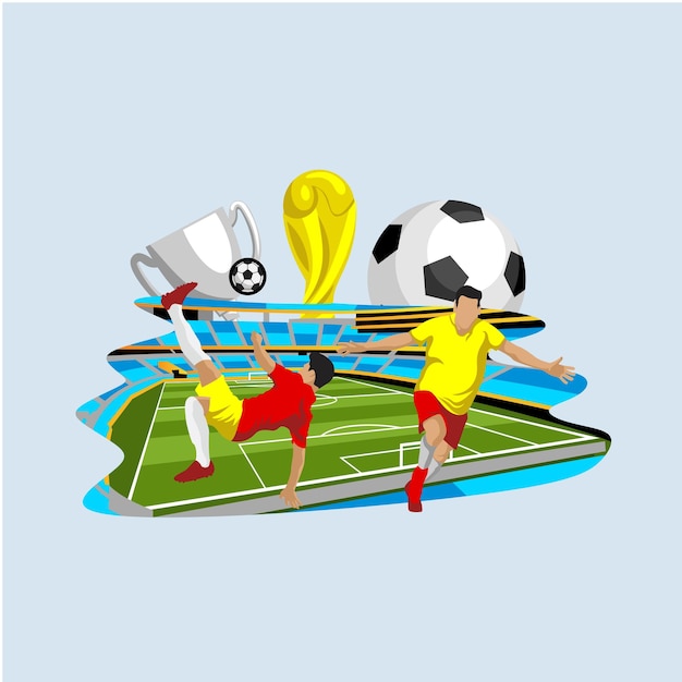 운동 선수 들 과 함께 축구 개념 축구 선수 들 트로피 와 경기장 배경