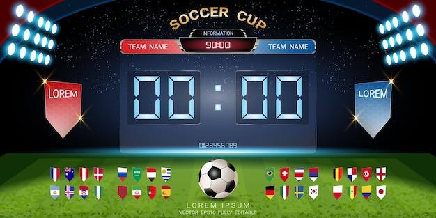 Vector soccer cup 2018 set van nationale vlag met scorebord uitzending