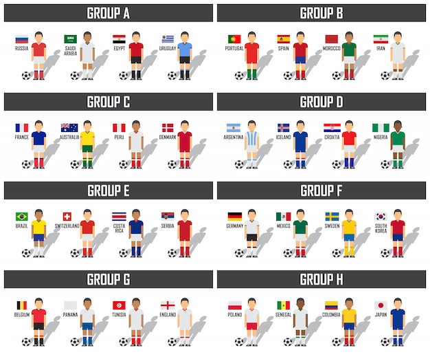 Vector soccer cup 2018 team group set. football players with jersey uniform and national flags