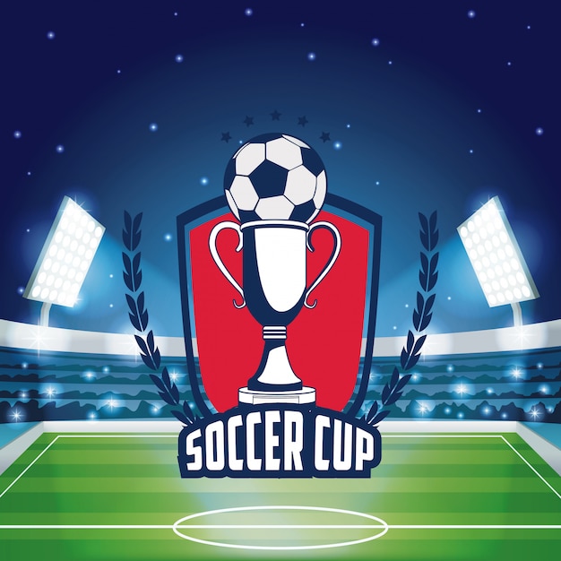 Soccer cup emblem over stadium scenery background