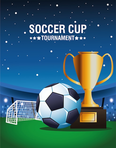 Vector soccer cup tournament poster with balloon and trophy vector illustration design