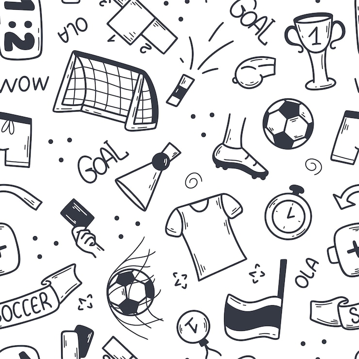 Vector soccer doodle sketch style seamless pattern background hand drawn bunch of elements on theme of