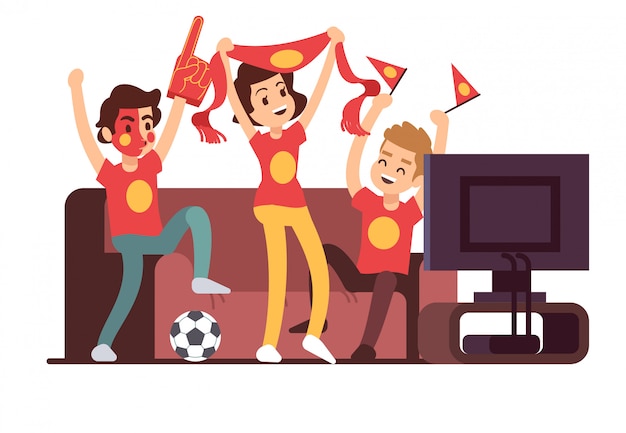 Vector soccer fans and friends watching tv on couch. football match supporting people vector illustration