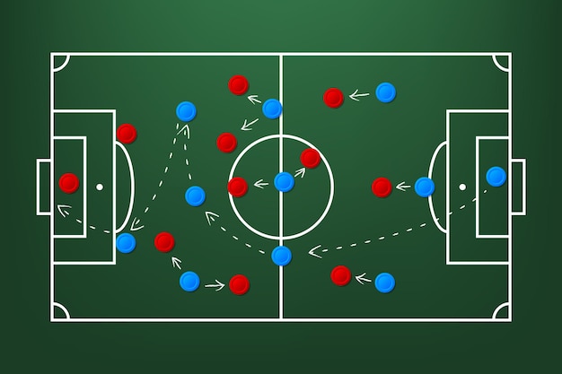 Vettore campo di calcio campo di strategia di calcio tattica di gioco del calcio disegno sulla lavagna calcio disegnato a mano