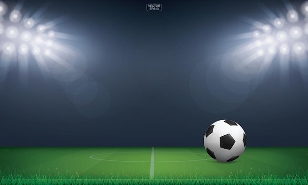 Soccer football ball and green grass of soccer field stadium background. vector illustration.