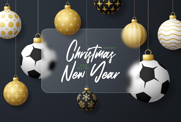 Calcio o calcio banner di vendita di natale o biglietto di auguri buon natale e felice anno nuovo banner sportivo con morfismo vetroso o effetto sfocatura vetro illustrazione vettoriale realistica