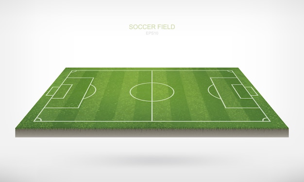 白い背景の上のサッカーサッカー場。緑の芝生のフィールドのパターンとテクスチャを透視図で。