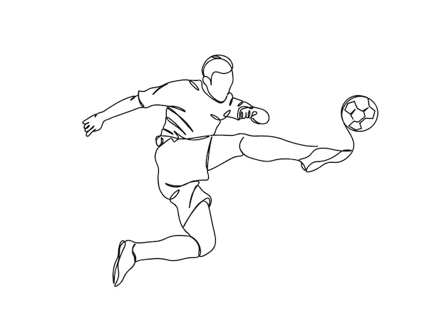 サッカー、フットボール選手の単一線画の描画は、行のベクトル図を続行します