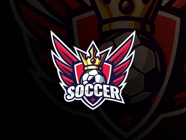 Logo design sport calcio calcio. logo di calcio o illustrazione di vettore del distintivo del segno del club di calcio. re del calcio con ali e scudo