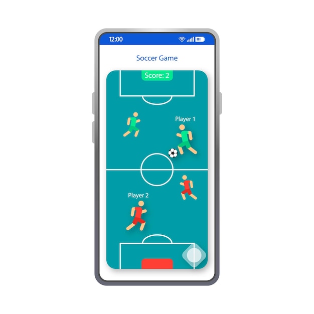 サッカーゲームアプリスマートフォンインターフェースベクトルテンプレート。モバイルアプリページの白いデザインのレイアウト。フットボールの試合のトーナメント画面。サッカーアプリケーション用のフラットui。スポーツ野戦電話ディスプレイ