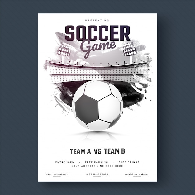 Vector soccer game flyer or poster design, black and white design.