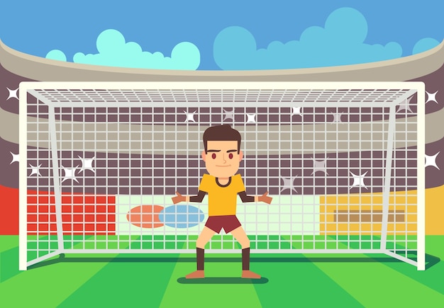 Vector soccer goalkeeper keeping goal on arena