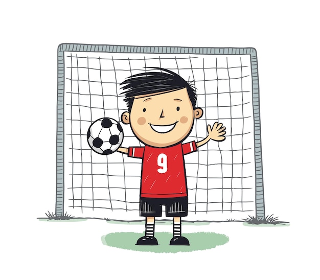 Portiere di calcio mantenendo lo stile disegnato a mano dei bambini del fumetto dell'illustrazione di vettore di obiettivo