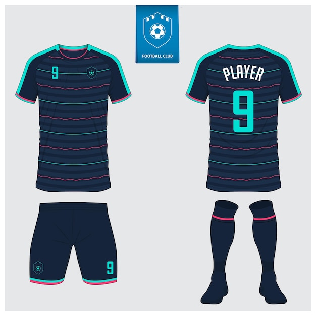 Modello di maglia di calcio o kit di calcio per un club di calcio logo di calcio in design piatto