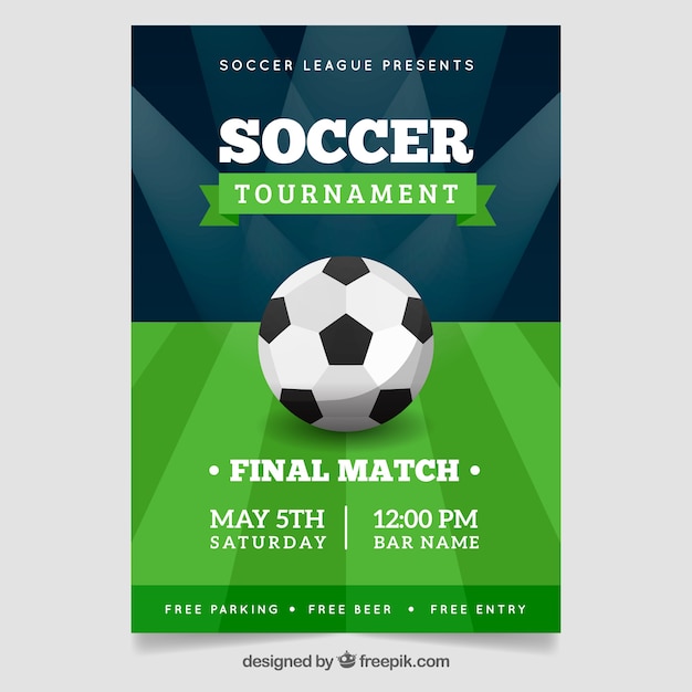 Soccer league flyer with ball and field