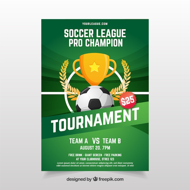 Vector soccer league flyer with ball and trophy