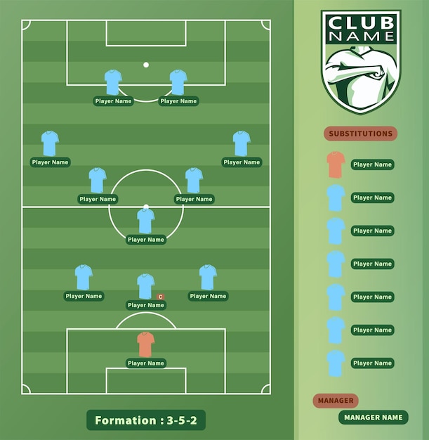 Soccer Lineups Football Players 3 5 2 Formation Scheme On a soccer field Illustration