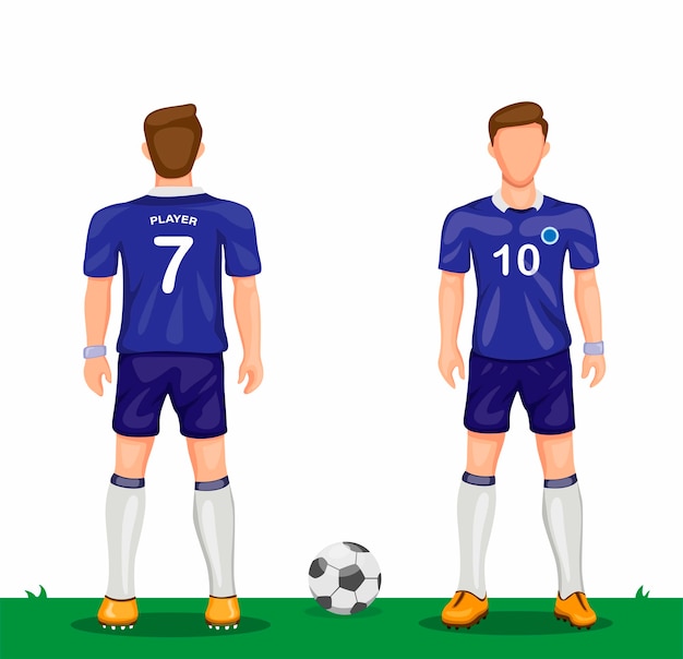 Soccer player in blue uniform symbol icon set from rear and front view sport soccer jersey concept in cartoon illustration 