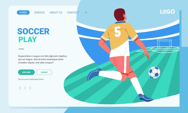 Personaggio del giocatore di calcio sullo sport dello stadio landing page design per la pagina web e il concetto di app