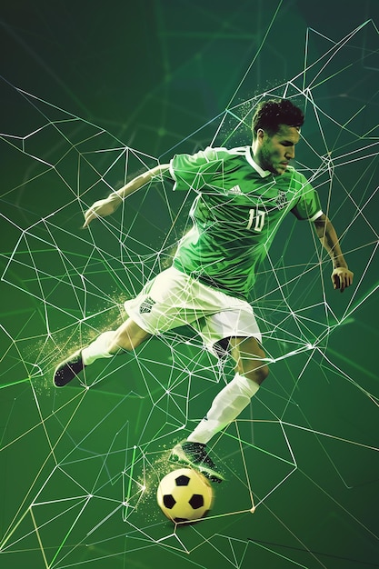 soccer player dynamic geometric style green color range goal net in the background