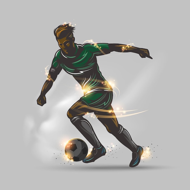 Soccer player green uniform run with ball