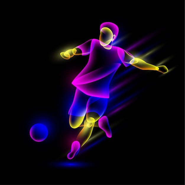 Вектор Футболист бьет футбольный мяч абстрактные неонные прозрачные слои, похожие на персонажа виртуального футболиста