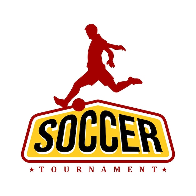 Vettore un giocatore di calcio sta calciando una palla davanti a un logo che dice soccer league