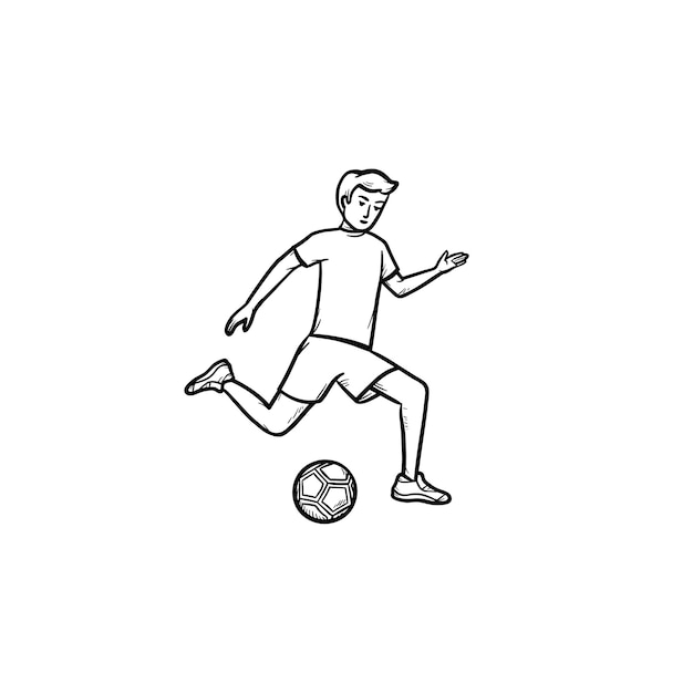 Soccer player kicking ball hand drawn outline doodle icon. Team sport, football training, soccer game concept. Vector sketch illustration for print, web, mobile and infographics on white background.