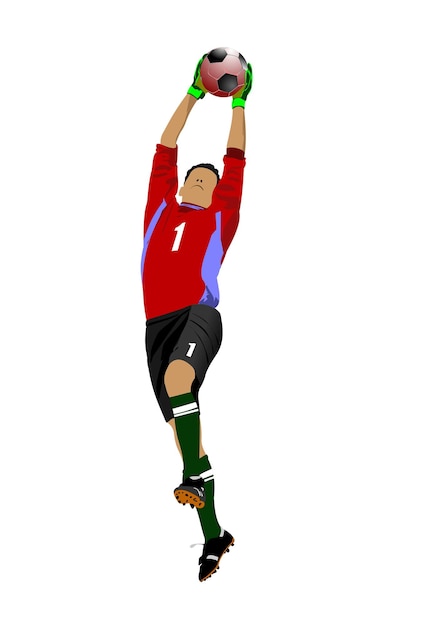 A soccer player in red is catching a ball