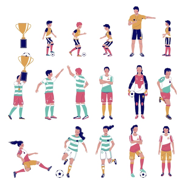 Вектор Футболист установил плоский вектор изолированных иллюстраций дети взрослые играют в футбол ногами мяч хо