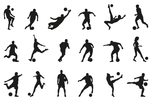 Soccer player silhouette collection Set of black soccer people silhouette