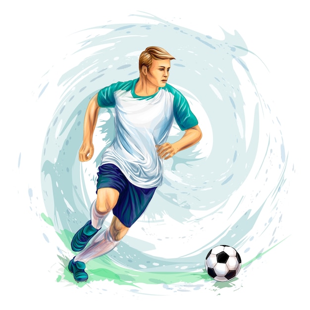 水彩画のスプラッシュからボールを持つサッカー選手。塗料のベクトルイラスト