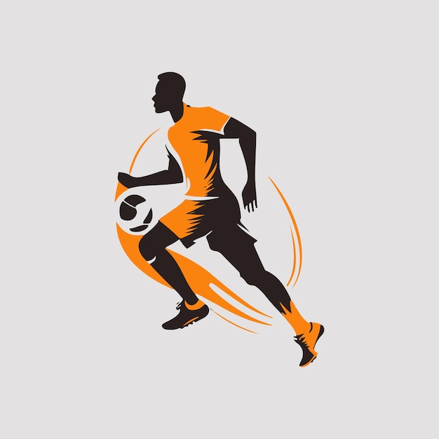 A soccer player with a black and orange shirt and shorts with a soccer ball in his hand.