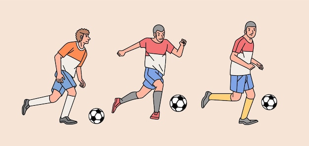 Soccer players character in action various poses set line style illustration