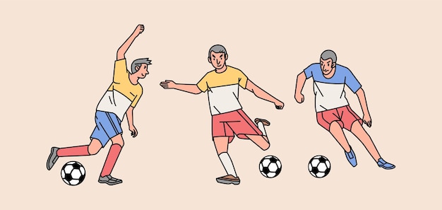 Soccer players character in action various poses set line style illustration