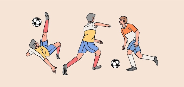 Vector soccer players character in action various poses set line style illustration