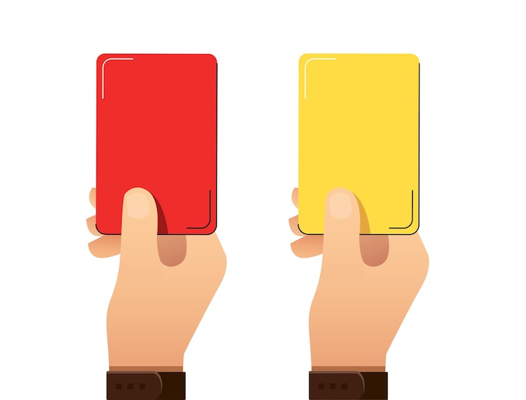 Vector soccer referees hand with red and yellow card