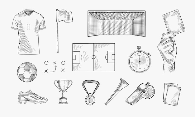 Soccer sports equipment Vector hand drawn sketch illustration Football ball goal trophy jersey flag and cards icons isolated on white background