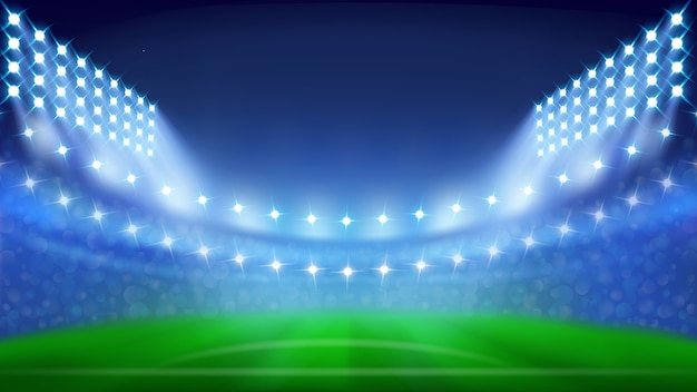Vettore stadio di calcio con lampade incandescenti nella notte