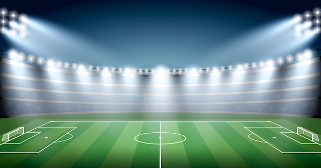 Vector soccer stadium with spot light. football arena.