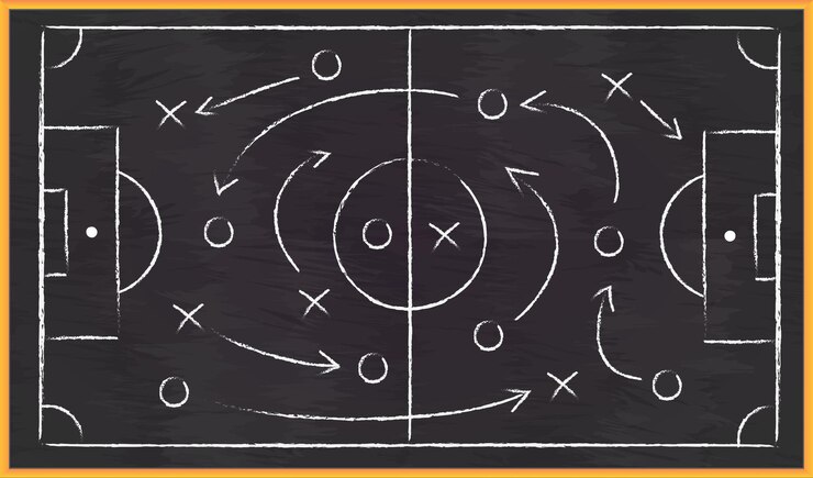 Vector soccer strategy field on black chalkboard
