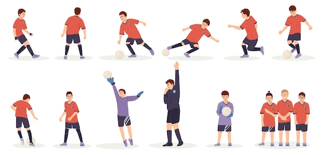 Soccer team kids set boys soccer team wear uniform playing game cartoon vector children illustration