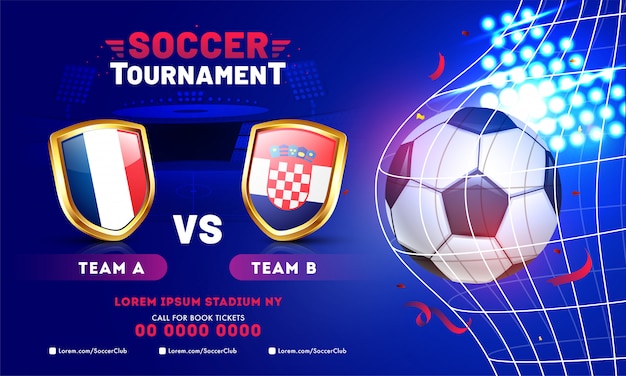 Vector soccer tournament banner template design with soccer ball and teams