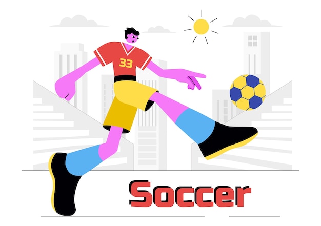 축구 터 일러스트레이션은 평평한 만화 배경에서 축구 리그와 스포츠 경기를 위해 녹색 경기장에서 축구 공을 <unk> 한 남자를 특징으로합니다.