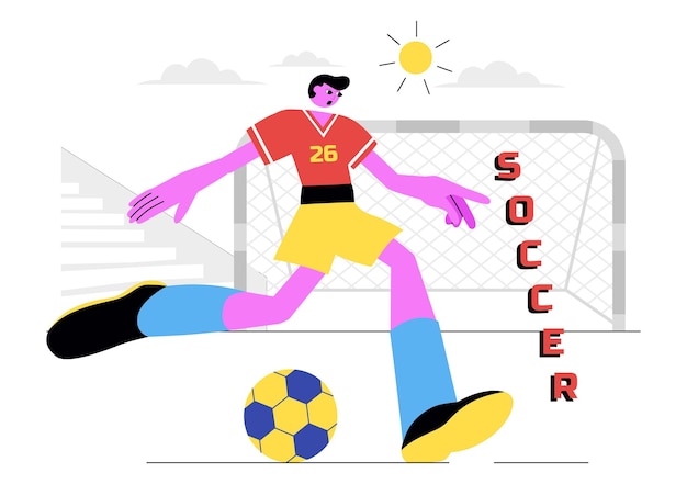 축구 터 일러스트레이션은 평평한 만화 배경에서 축구 리그와 스포츠 경기를 위해 녹색 경기장에서 축구 공을 <unk> 한 남자를 특징으로합니다.