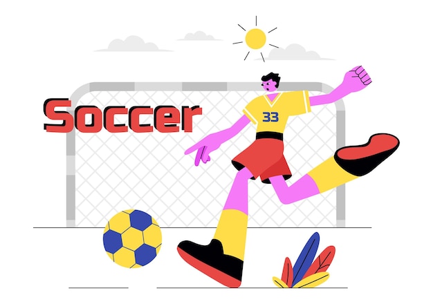 축구 터 일러스트레이션은 평평한 만화 배경에서 축구 리그와 스포츠 경기를 위해 녹색 경기장에서 축구 공을 <unk> 한 남자를 특징으로합니다.