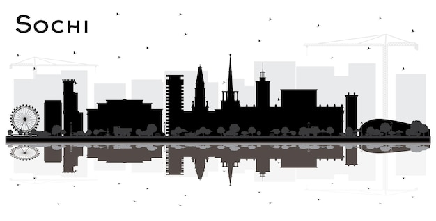 Vector sochi russia city skyline silhouette with black buildings and reflections isolated on white