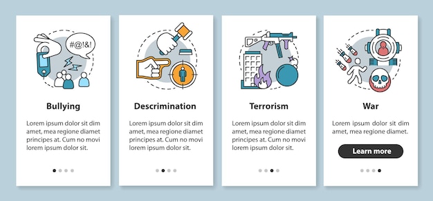 Sociaal geweld onboarding mobiele app paginascherm met lineaire concepten. pesten, discriminatie, terrorisme, oorlogsstappen, instructies. maatschappelijke kwesties. ux, ui, gui vectorsjabloon met pictogrammen